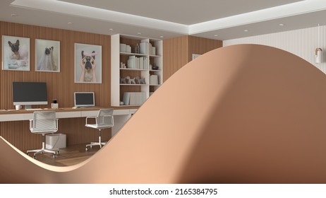 Abstract architecture background, wavy fluid shape, creative wall, modern wooden home office with desk and chairs , laptop, bookshelf with books and decors, frame with dog pictures, 3d illustration
