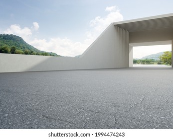 Abstract architecture design of modern building. Empty parking area floor and concrete wall with mountain and blue sky lake view. 3D rendering background for car scene.