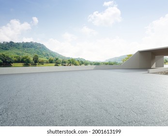 Abstract architecture design of modern building. Empty parking area floor and concrete wall with mountain and blue sky lake view. 3D rendering background image for car scene.