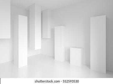 Abstract Architecture Design. White Modern Background. Minimal Building Construction. Column Interior Concept. 3d Illustration Of Surreal Futuristic Shapes