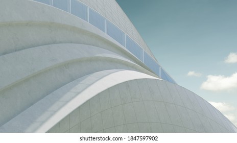 Abstract architecture exterior with futuristic streamlined design. Daytime scene. 3D rendering