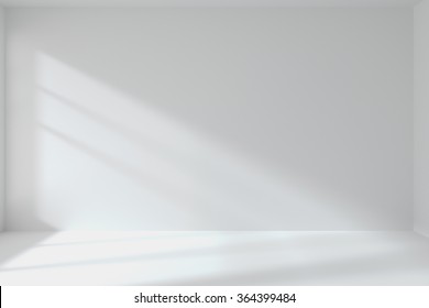 Abstract architecture white room interior: empty white room with white wall, white floor, white ceiling with light from window, without any textures, 3d illustration