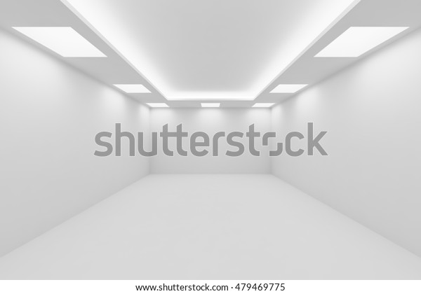 抽象的建築の白い部屋の内部 空の白い部屋 白い壁付き 白い床 白い天井 四角い天井ランプ付き 隠し天井ライトのパースビュー 3dイラスト の イラスト素材
