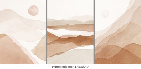 Resumen de los Arreglos  Paisajes  montañas  Carteles  Terracota  rubor  rosa  marfil  acuarela beige Ilustración y elementos dorados  sobre fondo blanco  Conjunto de impresión moderno  Arte mural  Tarjeta de visita 