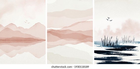 Abstract Arrangements. Landscapes, mountains. Posters. Blush, pink, blue, navy, ivory, beige watercolor Illustration, on white background. Modern print set. Wall art. Business card. Printable. 
