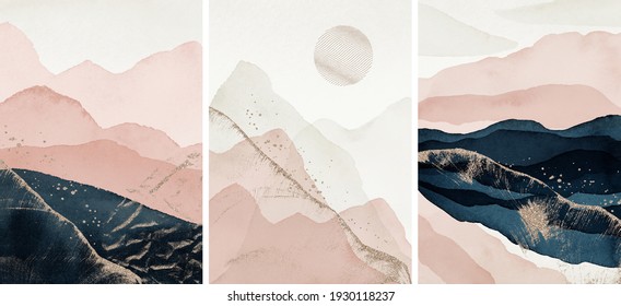 Abstract Arrangements. Landscapes, mountains. Posters. Blush, pink, blue, navy, ivory, beige, gold watercolor Illustration, background. Modern print set. Wall art. Business card. Printable. 