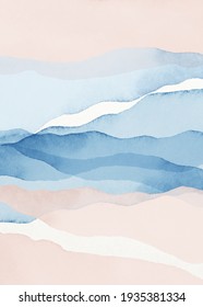 Abstract Arrangements. Landscapes, mountains. Posters. Blue, navy, blush, pink, ivory, beige, white watercolor Illustration, background. Modern print set. Wall art. Business card. Printable. Pastel.