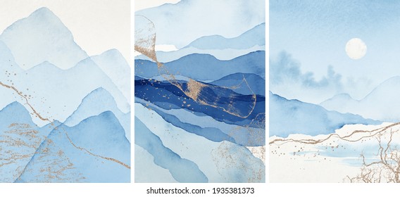Abstract Arrangements. Landscapes, mountains. Posters. Blue, navy, gold, white watercolor Illustration, background. Modern print set. Wall art. Business card. Printable. Pastel.