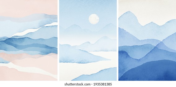 Abstract Arrangements. Landscapes, mountains. Posters. Blue, navy, blush, pink, ivory, beige, white watercolor Illustration, background. Modern print set. Wall art. Business card. Printable. Pastel.