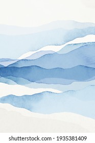 Abstract Arrangements. Landscapes, mountains. Posters. Blue, navy, white watercolor Illustration, background. Modern print set. Wall art. Business card. Printable. Pastel.