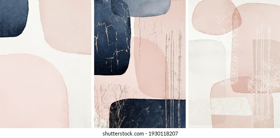 Abstract Arrangements. Prints set. Posters. Blush, pink, blue, navy, ivory, beige watercolor Illustration and gold elements, on white background. Modern printable. Logo. Wall art. Business card.