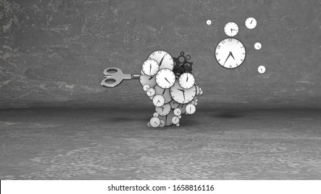 Abstract art 3d illustration of blow your mind clock faces of various sizes with classic hour and minute arrows in the grey backdrop. Several soar close by.