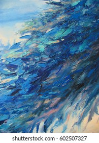 Abstract Art Background, With Heavy Brush And Palette Knife Strokes. Original Art, Oil On Canvas, Natural Blue Tones