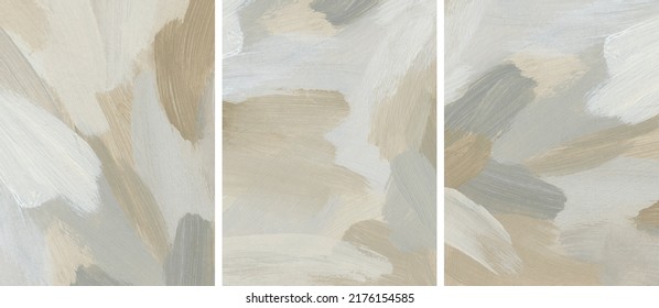 Abstract Art Background Set. Modern Hand Painted Acrylic Templates In Neutral Colors. Artistic Texture With Paint Brush Strokes. Fragments Of Contemporary Artwork. Hand Drawn Painting On Canvas