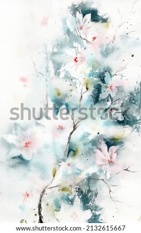 Abstract art background with watercolor flowers on a branch. Not isolated