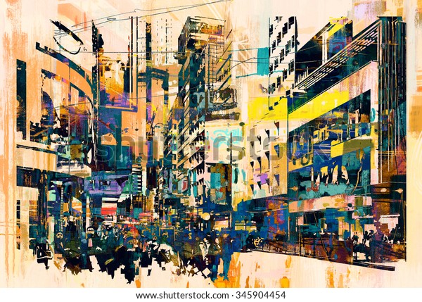 abstract art of cityscape, mural painting illustration. 