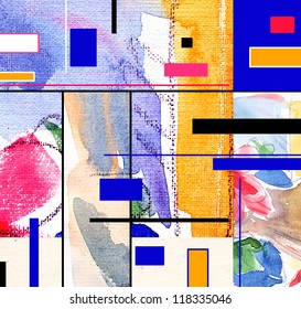 Abstract Art Collage, Mixed Media And Watercolor On Paper