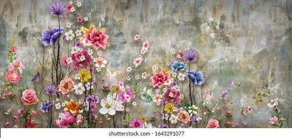 Abstract art colorful flowers  painting. Spring multicolored illustration