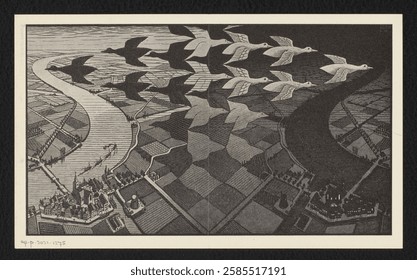 Abstract art depicting birds in a tessellation pattern. Black and white birds create a mesmerizing design. Intricate pattern with birds in flight. Vintage animal art illustration.
