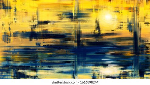 Abstract art landscape painting, background illustration. Sunset artwork on canvas in 4K size. Oil painted fine art. Yellow hand drawn wall art with water reflection