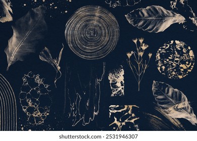 Abstract art with leaves, wood, and floral patterns. Dark background with gold and white accents. Nature-inspired design with leaves and wood textures.