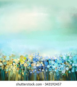 Abstract art oil painting of flowers plant. Dandelion flower in fields. Meadow landscape with wildflower. Green-blue sky color. Hand Paint floral Impressionist. Summer-spring nature background