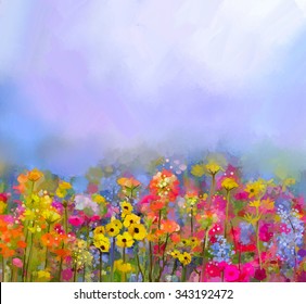 Abstract art oil painting of summer-spring flowers. Cornflower, daisy flower in fields. Meadow landscape with wildflower, Purple-blue Sky color background. Hand Paint floral Impressionist style
