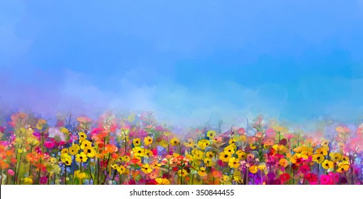Abstract art oil painting of summer-spring flowers. Cornflower, daisy flower in fields. Meadow landscape with wildflower, Purple-blue Sky color background. Hand Paint floral Impressionist style