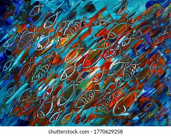 Abstract art painting of the fishes