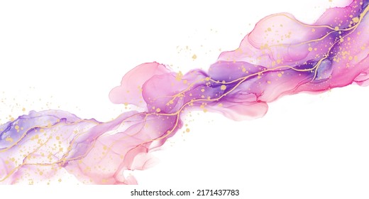 Abstract Art Pink Purple Blue Pastel Gradient Paint With Gold Splatter With Liquid Fluid Grunge Texture For Background In Luxury Style.