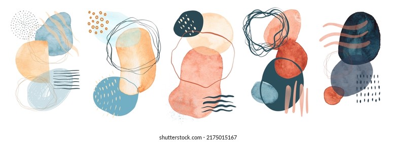Abstract art set. Watercolor spots, scribbles, curved lines, waves. Blobs of paint. Figures with irregular shapes. Hand drawn. Modern background. - Shutterstock ID 2175015167
