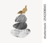 Abstract art with stacked stones and a leaf on white background. Stones and leaf create a minimalist, balanced composition. Stones and leaf evoke calm and simplicity.