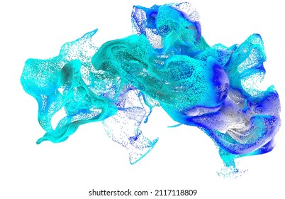 Abstract Art With Surreal Growing Explosion Wavy Smoke Cloud Splash Fluid. Small Colored Foam Balls Bubbles Particles In Movement. 3d Rendering Image. Image Isolated On White Background.