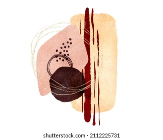 Abstract art watercolor shapes print, burgundy, blush, beige colors, isolated on white background