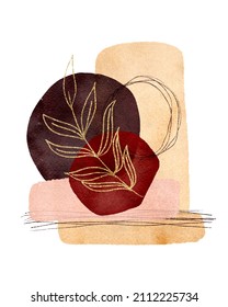 Abstract art watercolor shapes print, burgundy, blush, beige colors and gold branch with leaves and decorative elements