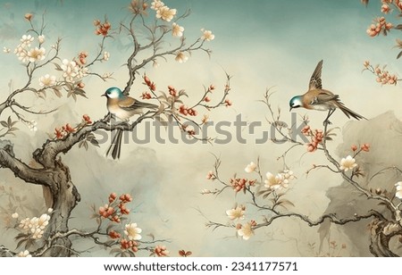 Abstract artistic background. Vintage illustration, flowers, branches, birds, golden brushstrokes. Textured background. Oil on canvas. modern Art. grey, wallpaper, poster, card, mural, print, wall art ストックフォト © 