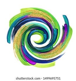 Abstract Artistic Swirl Shape Clip Art, Brush Strokes Isolated On White Background, Watercolor Design Element, Green Gold Violet Smears With Glitter, Grungy Splashing Acrylics