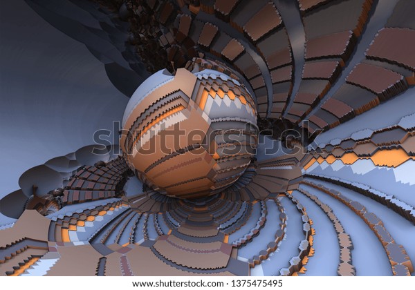 Abstract artwork - 3d illustration, spherical
geometric shapes. Recursive curves, square shapes arranged into a
mosaic of geometry. Smooth reflective surface, graphic resource.
fractal artwork