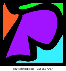Abstract artwork with a blend of sharp and curved color shapes outlined in bold black, offering a modern and dynamic visual.