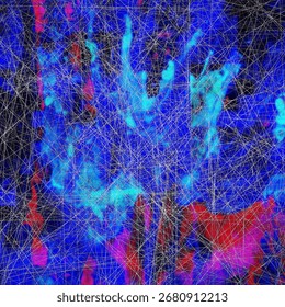 Abstract artwork dominated by deep blue tones with bright cyan highlights and touches of red. The scratched surface creates a dynamic, energetic effect resembling glowing neon lights 