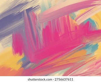 Abstract artwork featuring bold, broad brushstrokes in vibrant colors covering the canvas. Dominant hues include pink, blue, yellow, and gray, creating a dynamic and energetic composition. The intersecting strokes add a sense of depth and movement. The textured effect of the brushwork suggests a freeform, expressive painting style.
