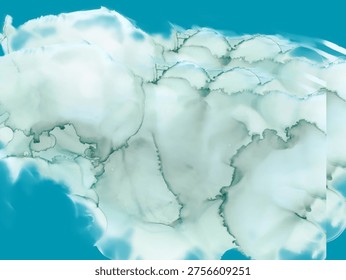 Abstract artwork featuring a fluid blend of white and pale blue hues against a vibrant turquoise background. The fluid patterns resemble marbled clouds or waves, with softly merging edges and translucent layers. The intricate details suggest a watery or ethereal quality, with darkened lines outlining some sections, creating a sense of depth and movement.
