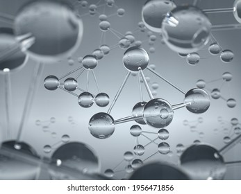 Abstract atom or molecule structure design, atom or molecule made of glass material. 3D rendering.