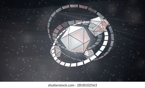Abstract atomic nuclear core constructed with stained glass panels in nordic pastel tones with cinematic volumetric light and particles macro photo
