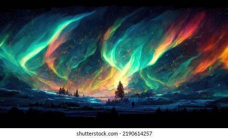 Abstract Aurora Borealis Wallpaper Illustration With Colorful Northern Lights In The Night Sky