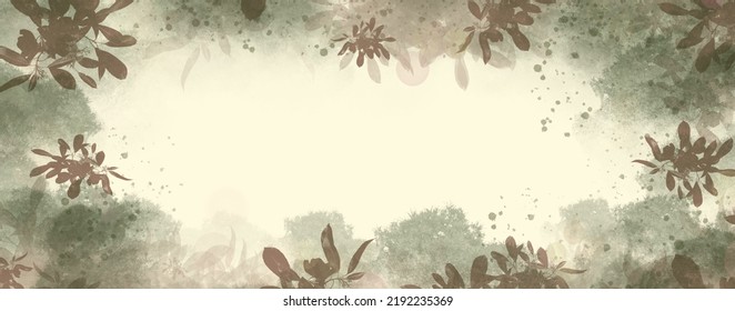 Abstract Autumn Fall Forrest Concept Background In Pastel Colours, Green, Brown, Light Sepia With Leave Pattern In Texture Ground For Panoramic Banner And Space For Text