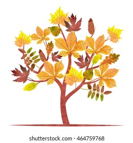 Abstract Autumn Tree With Watercolor Maple, Oak, Chestnut Leaves. Raster Version. 