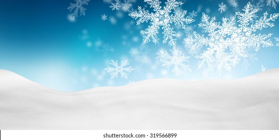 Abstract Azure Blue Background Panorama Winter Landscape with Falling Filigree Snowflakes. Snowy Ground with Fresh Snow. Holiday Season Backdrop Template. - Powered by Shutterstock