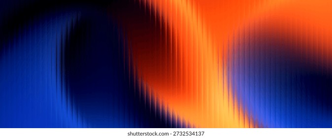 Abstract backdrop featuring flowing blue and orange hues. Glowing light streaks against textured vertical lines. Vivid.