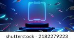 abstract backgound video game of esports scifi gaming cyberpunk, vr virtual reality simulation and metaverse, scene stand pedestal stage, 3d illustration rendering, futuristic neon glow room